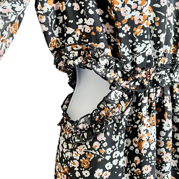 Lulus Autumn Bliss Mini Dress Size S Womens Black Floral Cut Out Sides High Neck - Picture 4 of 10